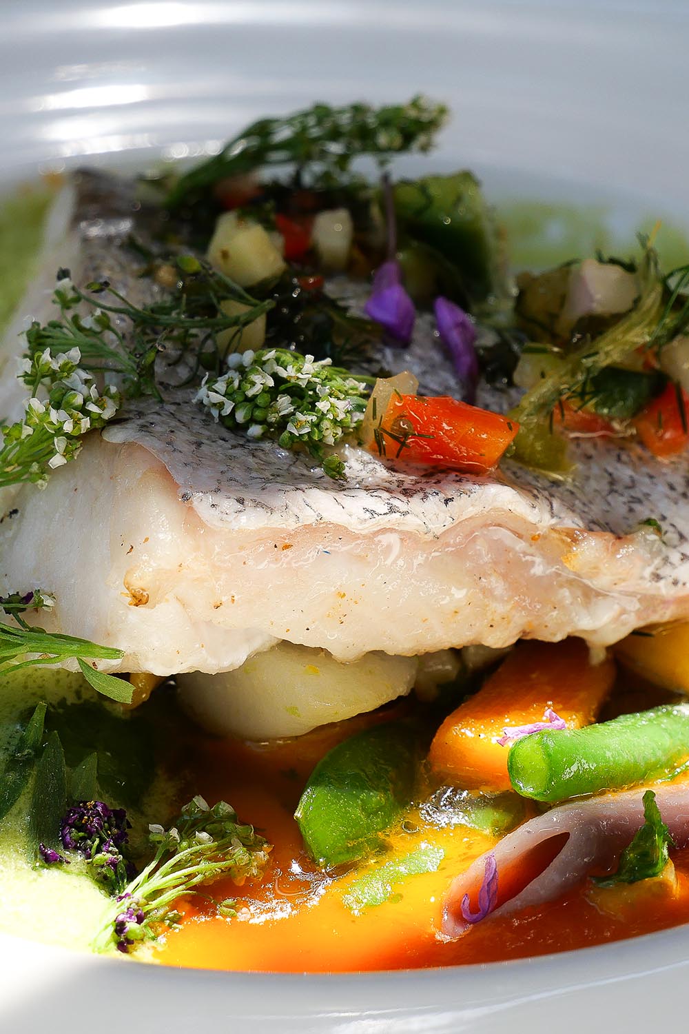 PLAT GASTRONOMIQUE RESTAURANT FONTFROIDE NARBONNE Filet de poisson raffiné servi au restaurant gastronomique de l'Abbaye de Fontfroide près de Narbonne : poisson blanc, légumes de saison d'Occitanie, herbes fraîches et fleurs comestibles. Cuisine du terroir élégante en Languedoc.